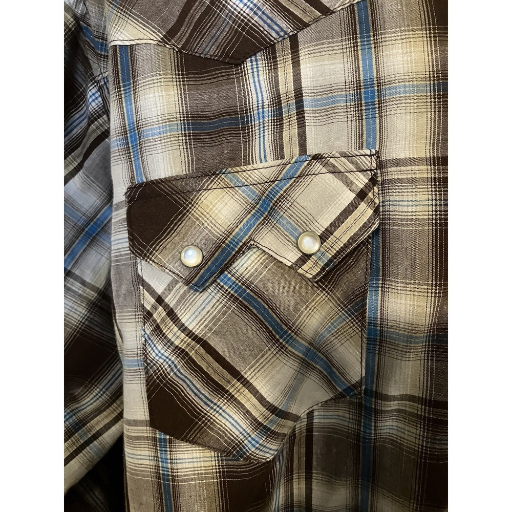 Wrangler Western Fashion 3XL Mens Shirt Pearl Snap LS Blue Brown Plaid Pockets - Picture 2 of 4